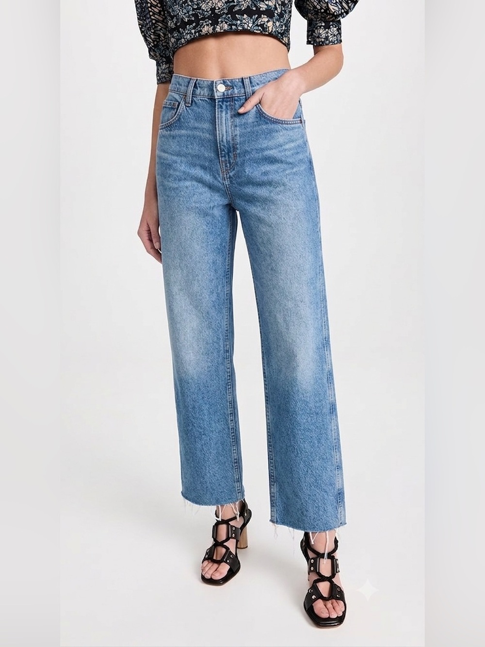 REFORMATION Abby $180 High-Rise Straight Jeans - raw hem medium wash